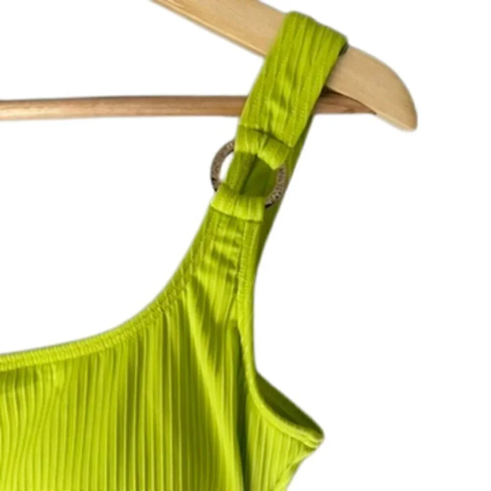 Michael Kors Vibrant Lime Green Ribbed One-Piece Swimsuit, Gold Accents, Small